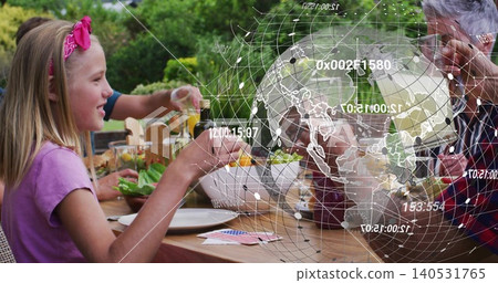 Reaching girl pink shirt and headband grabbing salad at backyard table with AR globe, copy space Reaching girl pink shirt and headband grabbing salad at backyard table with AR globe, copy space 140531765
