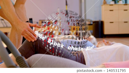 Helping trainer guiding senior woman in leggings lying on foam mat in studio with blockchain sphere Helping trainer guiding senior woman in leggings lying on foam mat in studio with blockchain sphere 140531795