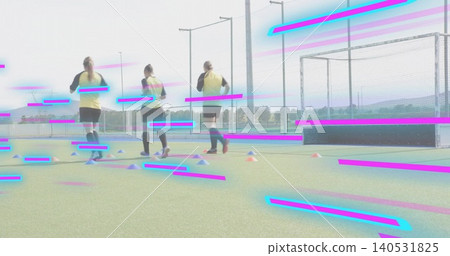 Running 3 female athletes wearing yellow bibs black shorts on turf cones goal magenta cyan glitch Running 3 female athletes wearing yellow bibs black shorts on turf cones goal magenta cyan glitch 140531825