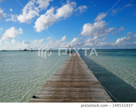 The beautiful emerald green sea of the Maldives and the wooden pier stretching out before it. The beautiful emerald green sea of the Maldives and the wooden pier stretching out before it. 140531937