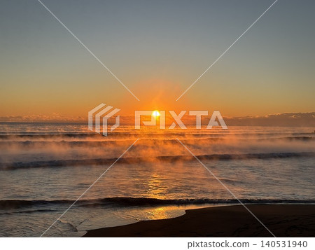 A beautiful sunrise and a fantastical morning mist landscape viewed from the coast of the Boso Peninsula. A beautiful sunrise and a fantastical morning mist landscape viewed from the coast of the Boso Peninsula. 140531940