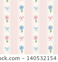 Seamless vertical stripe pattern with cute daisy flowers, ribbon bows in pastel pink and blue on cream. Stitch lace border stripes. Sweet coquette kids style for fabric, nursery, gift wrap, stationery 140532154