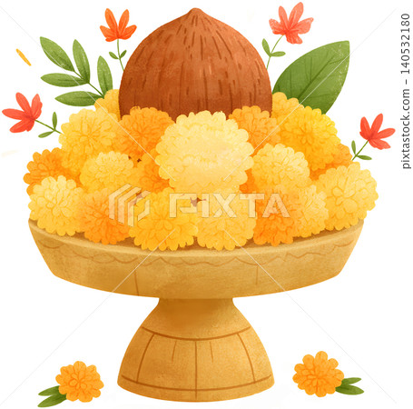 Indian Kalash Pooja Thali with Marigold Flowers and Coconut Indian Kalash Pooja Thali with Marigold Flowers and Coconut 140532180