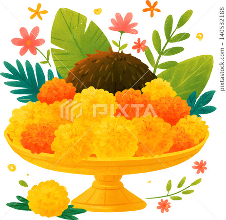 Indian Kalash Pooja Thali with Marigold Flowers and Coconut 140532188