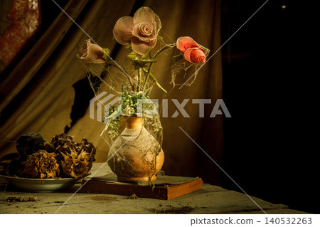 still life dried flowers in old vase on wood background still life dried flowers in old vase on wood background 140532263