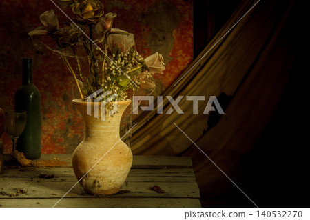 still life dried flowers in old vase on wood background still life dried flowers in old vase on wood background 140532270