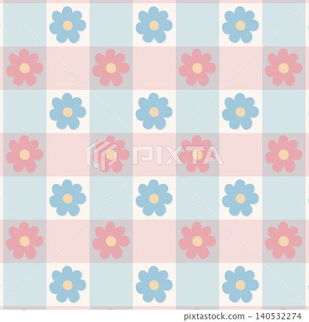 Seamless gingham check pattern with cute retro daisy flowers in pastel pink and blue on soft multicolor plaid grid. Sweet cottagecore kids style for fabric, nursery, gift wrap, stationery, apparel. Seamless gingham check pattern with cute retro daisy flowers in pastel pink and blue on soft multicolor plaid grid. Sweet cottagecore kids style for fabric, nursery, gift wrap, stationery, apparel. 140532274