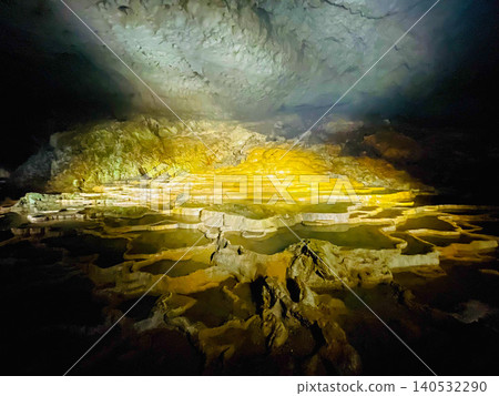 The mystical terraced stalactite formations resembling a hundred plates, illuminated at Akiyoshido Cave in Yamaguchi Prefecture. The mystical terraced stalactite formations resembling a hundred plates, illuminated at Akiyoshido Cave in Yamaguchi Prefecture. 140532290