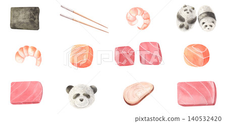Poke ingredients set, raw tuna, salmon cubes, shrimp, meat, rice, nori, chopsticks. Hand-painted watercolor isolated on white for sushi restaurants, Asian food branding, menus, packaging, recipe books Poke ingredients set, raw tuna, salmon cubes, shrimp, meat, rice, nori, chopsticks. Hand-painted watercolor isolated on white for sushi restaurants, Asian food branding, menus, packaging, recipe books 140532420