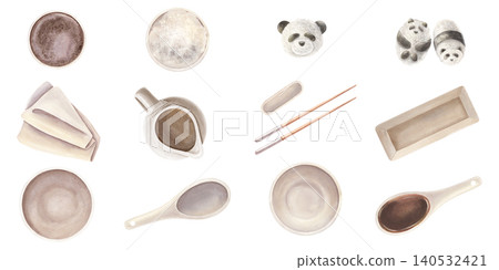 Asian tableware set, sauce dish, chopsticks, bowls, napkin, spoon, soy sauce, rice. Hand-painted watercolor illustration isolated on white for restaurant branding, sushi menus, recipe books, posters Asian tableware set, sauce dish, chopsticks, bowls, napkin, spoon, soy sauce, rice. Hand-painted watercolor illustration isolated on white for restaurant branding, sushi menus, recipe books, posters 140532421
