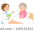 A doctor speaks to an elderly woman sitting in bed during a home visit by a visiting nurse. 140532422