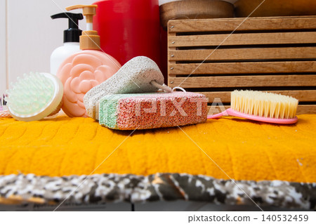 Bathroom Accessories for Foot Care. Pumice stone and brush for heels legs Bathroom Accessories for Foot Care. Pumice stone and brush for heels legs 140532459