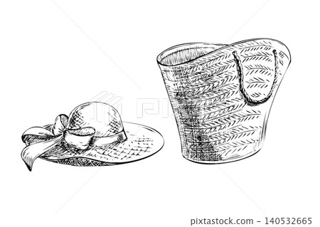 Beach set with straw hat and woven bag hand drawn sketch. Black ink vacation accessories illustration isolated on white for resort boutique identity, summer social media template, and merchandise Beach set with straw hat and woven bag hand drawn sketch. Black ink vacation accessories illustration isolated on white for resort boutique identity, summer social media template, and merchandise 140532665