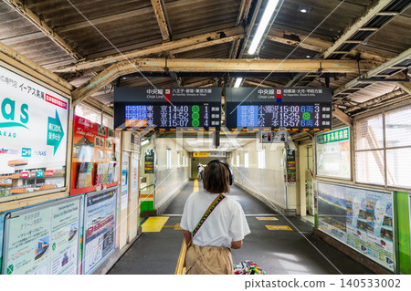 A foreign woman is confused by the signs while transferring to the Keio Line at Takao Station in Tokyo. 140533002
