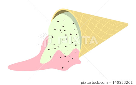 Melted soft serve ice cream in the waffle cone fell to the ground and spread into thick, sticky drops. 3D cartoon vector crispy waffle ice cream on white back Melted soft serve ice cream in the waffle cone fell to the ground and spread into thick, sticky drops. 3D cartoon vector crispy waffle ice cream on white back 140533261