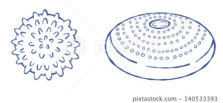 Sensory Wobble Cushion and Spiky Massage Ball. Occupational Therapy Tools Line Art Vector Illustration. Tactile Fidget Stability Disc and Spiked Ball for Autism, ADHD, Motor Skills and Stress Relief. 140533393
