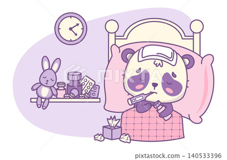 Sad Sick Panda Bear With Thermometer In Mouth And Wet Compress On Forehead In Bed. Kawaii Animal Cartoon Character Flu And Fever Treatment, Medicine Concept. Vector Illustration. 140533396