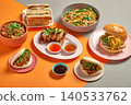 composition of various Asian food on colored background 140533762