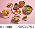 composition of various Asian food on colored background 140533763