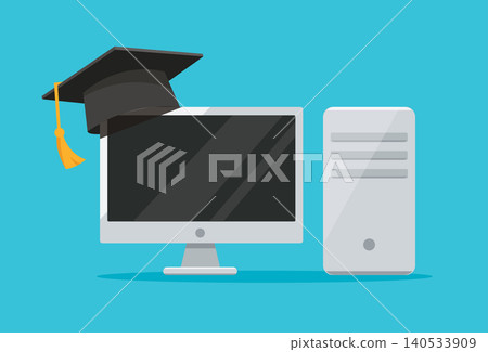 Desktop Computer with Graduation Cap for Online Education 140533909