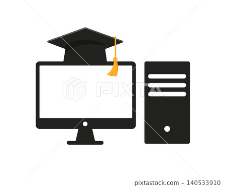 Desktop Computer with Graduation Cap for Online Education Desktop Computer with Graduation Cap for Online Education 140533910