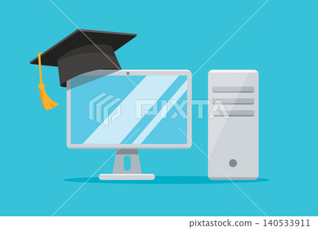 Desktop Computer with Graduation Cap for Online Education Desktop Computer with Graduation Cap for Online Education 140533911
