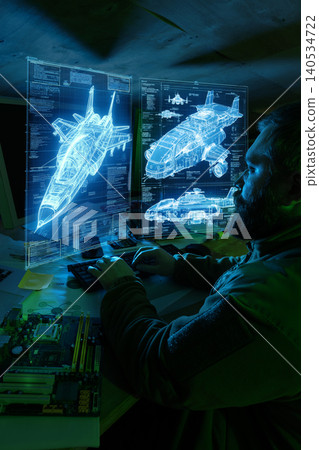 Military engineer analyzing aircraft hologram blueprint advanced defense systems. Military engineer analyzing aircraft hologram blueprint advanced defense systems. 140534722