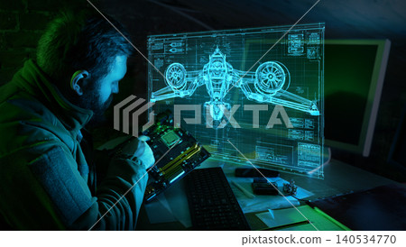 Engineer repairing motherboard while analyzing military aircraft blueprint hologram. Engineer repairing motherboard while analyzing military aircraft blueprint hologram. 140534770