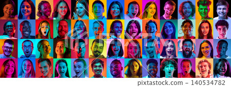Bright emotional faces collage with bright reactions and colorful backgrounds. 140534782