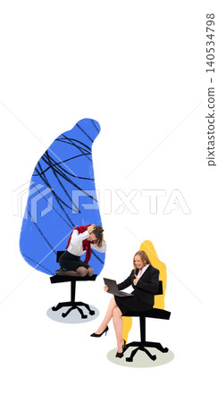 Two businesswomen sitting on chairs with different emotions in handmade illustration style. Two businesswomen sitting on chairs with different emotions in handmade illustration style. 140534798
