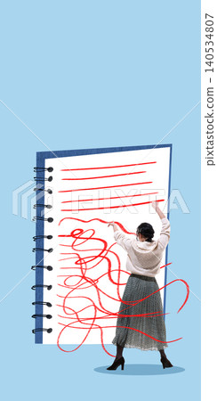 Woman writing chaotic notes in notebook with handmade drawings. 140534807