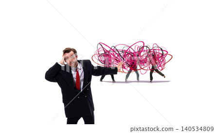 Stressed businessman blocking chaotic communication with handmade drawings. Stressed businessman blocking chaotic communication with handmade drawings. 140534809