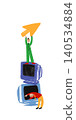 Hand drawn worker standing on stacked computers with paper plane in childlike illustration. 140534884