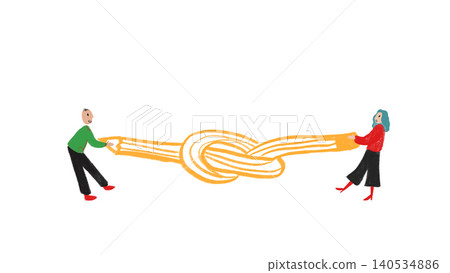 Hand drawn people pulling tangled rope knot in childlike teamwork illustration. Hand drawn people pulling tangled rope knot in childlike teamwork illustration. 140534886
