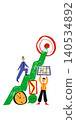 Hand drawn team climbing green growth arrow toward target in childlike business illustration. 140534892