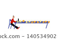 Hand drawn worker sitting at long table with many coffee cups in childlike illustration. 140534902