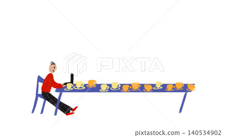 Hand drawn worker sitting at long table with many coffee cups in childlike illustration. Hand drawn worker sitting at long table with many coffee cups in childlike illustration. 140534902