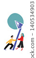 Hand drawn people lifting pie chart with oversized pencil in business illustration. 140534903