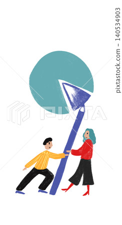 Hand drawn people lifting pie chart with oversized pencil in business illustration. Hand drawn people lifting pie chart with oversized pencil in business illustration. 140534903