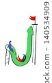Childlike hand drawn style people sliding on rising arrow with red flag and ladder illustration. 140534909