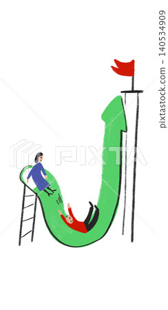 Childlike hand drawn style people sliding on rising arrow with red flag and ladder illustration. Childlike hand drawn style people sliding on rising arrow with red flag and ladder illustration. 140534909