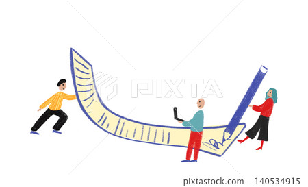 Hand drawn people carrying oversized contract document in simple illustration. 140534915