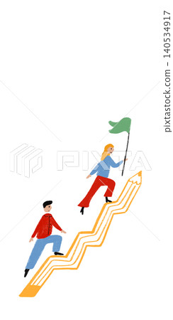 Childlike style illustration of people climbing pencil arrow toward goal flag. 140534917