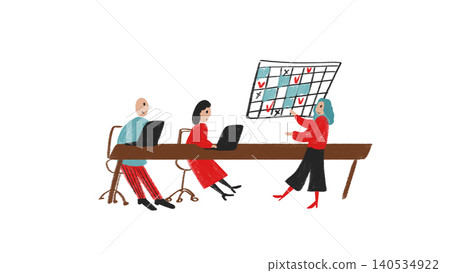 Hand drawn team planning schedule on wall calendar in office illustration. Hand drawn team planning schedule on wall calendar in office illustration. 140534922