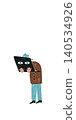 Hand drawn business person hiding behind laptop in minimalist childlike illustration 140534926