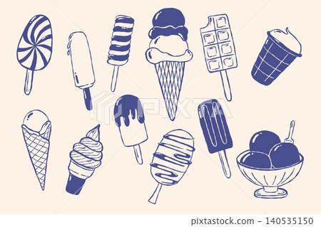 Frozen dessert collection in blue hand drawn doodle style Frozen dessert collection in blue hand drawn doodle style 140535150