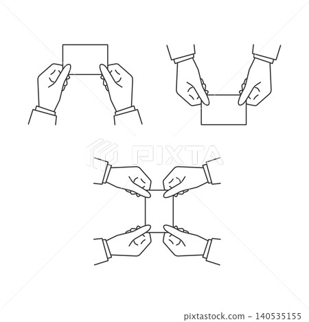 一組單色向量線條藝術插圖,描繪了一位商人手持白色名片(交換名片)。 一組單色向量線條藝術插圖,描繪了一位商人手持白色名片(交換名片)。 140535155