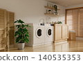 Home laundry room featuring stylish appliances and natural light. 3D render illustration 140535353