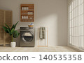 Contemporary laundry space with an emphasis on organization and light. 3D render illustration 140535358