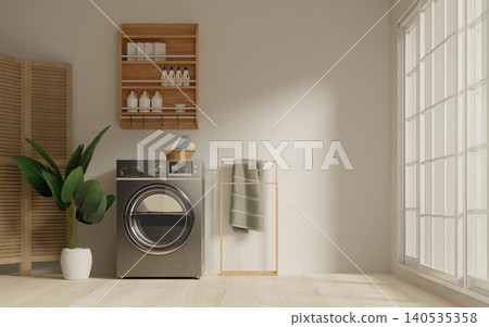 Contemporary laundry space with an emphasis on organization and light. 3D render illustration Contemporary laundry space with an emphasis on organization and light. 3D render illustration 140535358